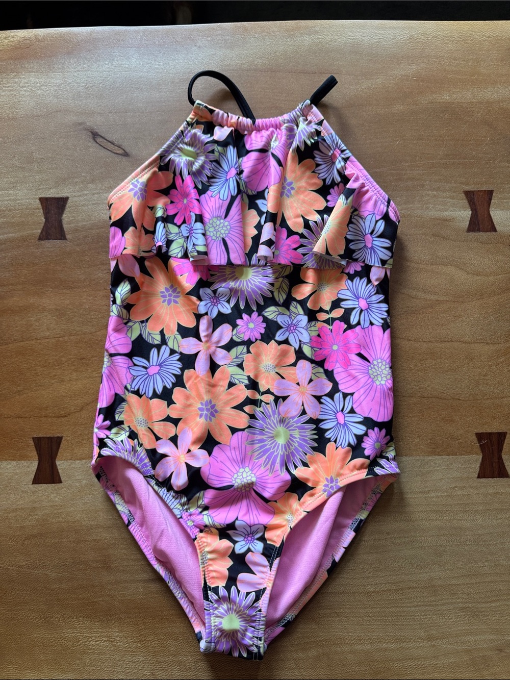 Black Floral One-Piece Swimsuit with Pink & Orange Flowers
